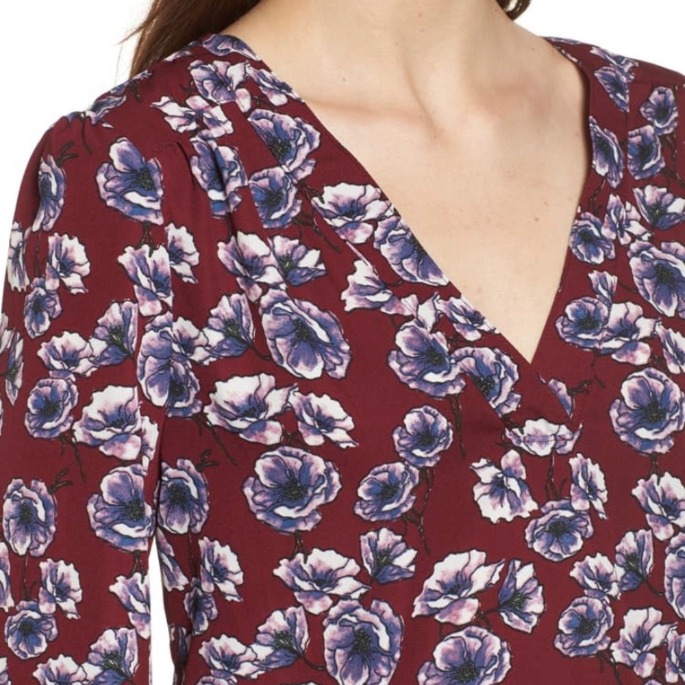 HINGE Maroon Floral Print V-Neck Blouse - Picture 5 of 14